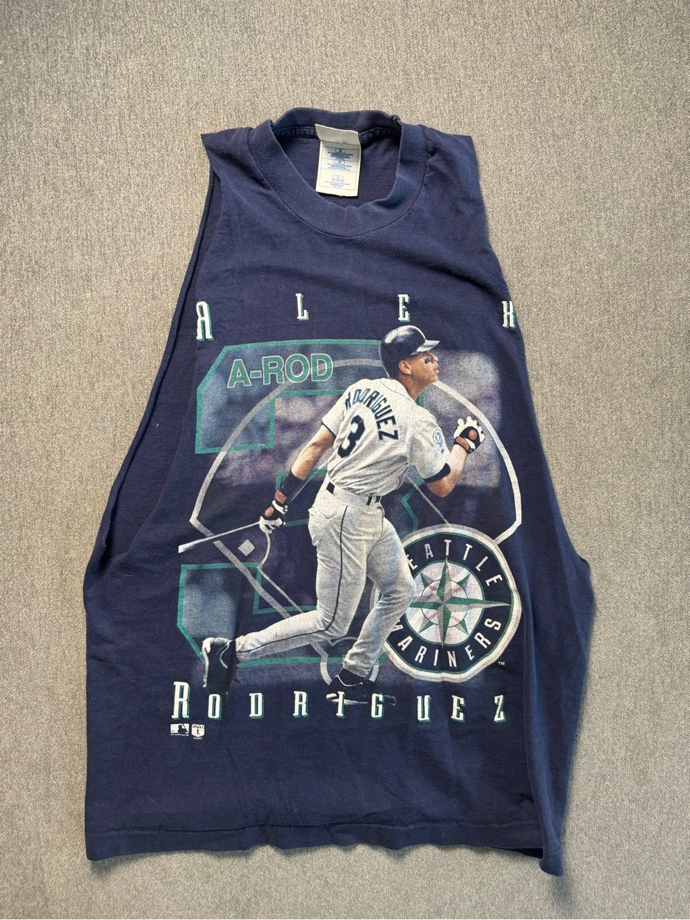 Seattle Mariners A-Rod Navy Sleeveless Graphic Tee Tank cut/off Vintage